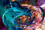 turbinio di colori brillanti in forme fluide e chiaroscuri in vortice astratto con oggetti opera di fusione di arte e pittura