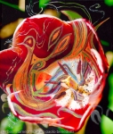 immagine astratta in toni dominanti di colore rosso con una immagine centrale dai colori caldi su uno sfondo verde scuro a chiazze